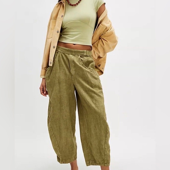 Free People Pants - Free People High Road Solid Olive Green Pull-On Barrel Pants Size Large NWT